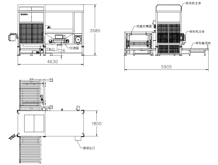 Layer-By-Layer Automatic Unpacking Machine Product Three Views